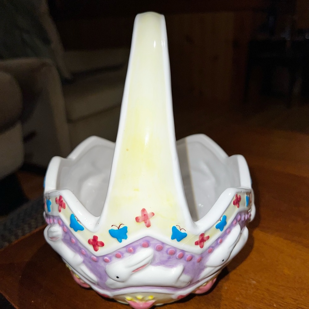 Ceramic Multicolored Easter Basket With Rabbit And Flowers - Picture 3 of 10